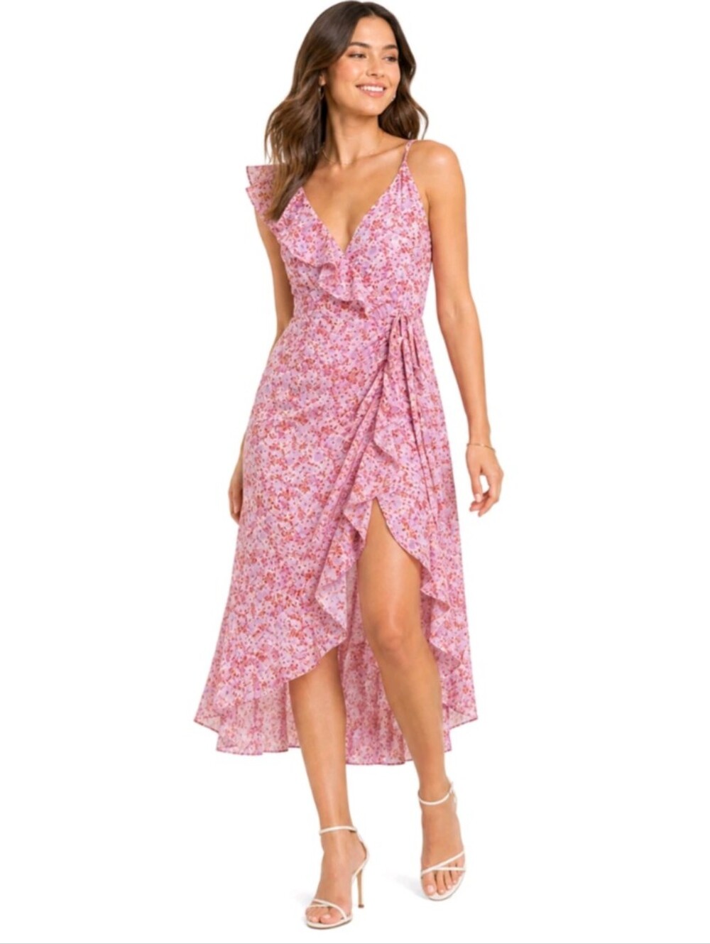 Laundry By Shelli Segal Pink Floral Ruffle Wrap Dress Size 12